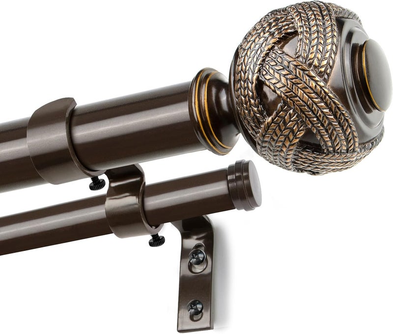 USFOOK 1 Inch Double Curtain Rods 72 to 144 Inches (6 to 12 ft), Bronze Drapery Rods for Windows 69 to 140 Inches, Telescoping Dual Curtain Rod with Woven Leaf Finials - Image 1